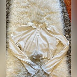 White Cropped Polo Long Sleeve Top